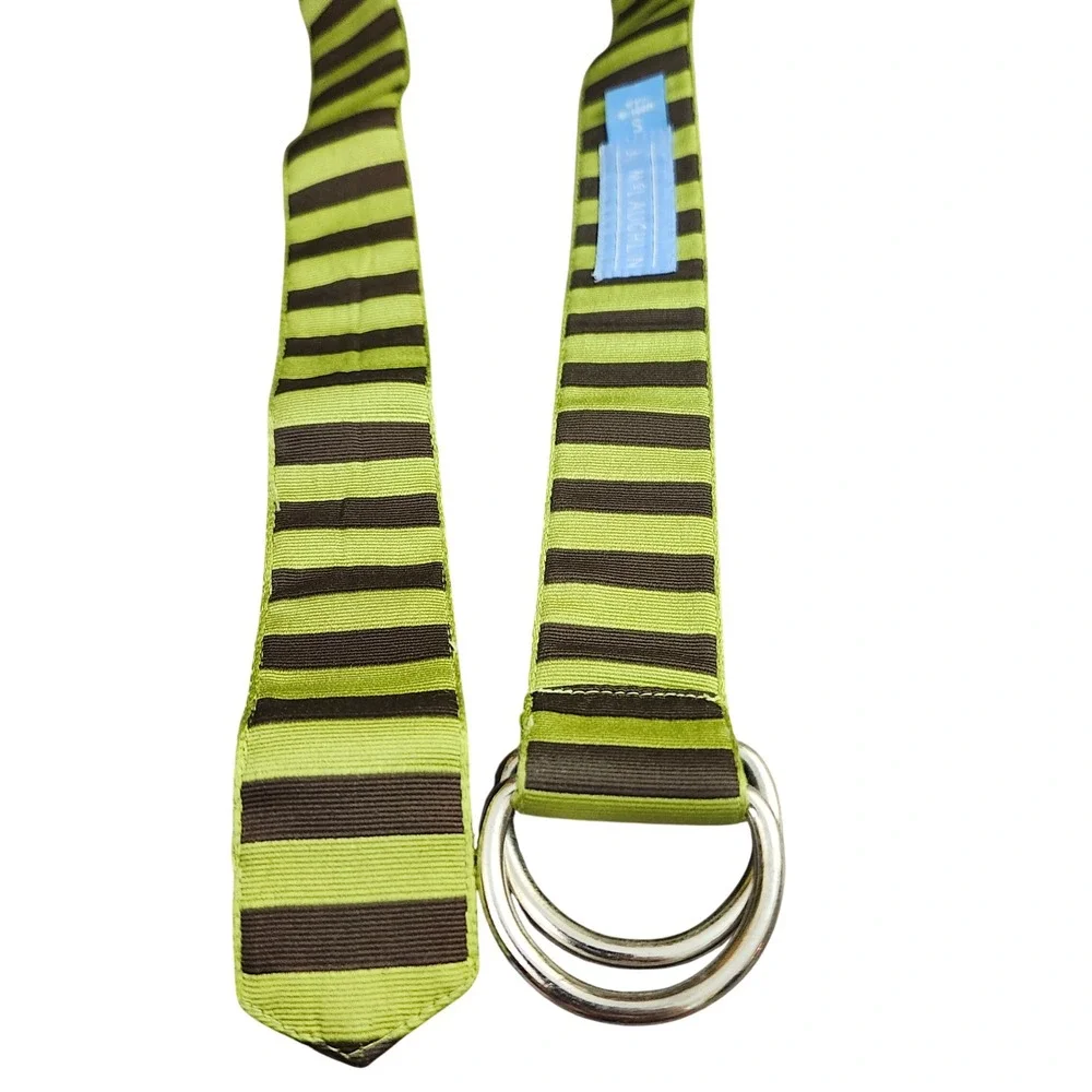 J. McLaughlin D-Ring Belt Green Brown Striped Fabric Ribbon Small USA Preppy